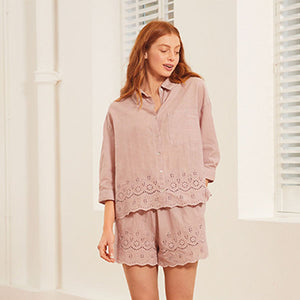Lilac Cotton Broderie Button Through Pyjama Short Set