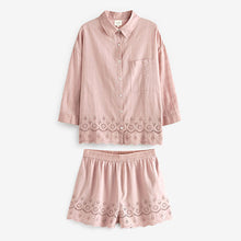 Load image into Gallery viewer, Lilac Cotton Broderie Button Through Pyjama Short Set
