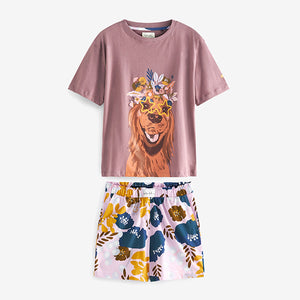 Lilac Dog Print Cotton Jersey Pyjama Short Set