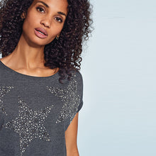Load image into Gallery viewer, Charcoal Grey Studded Star Curved Hem T-Shirt
