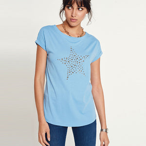 Blue Embellished Star Curved Hem T-Shirt