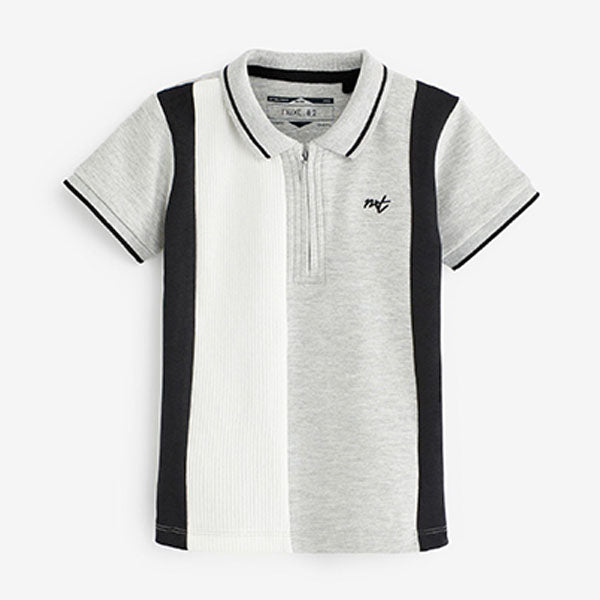 Black/White/Grey Short Sleeve Vertical Stripe Zip Polo Shirt (3mths-5yrs)