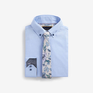 Light Blue Floral Slim Fit Single Cuff Shirt And Tie Pack