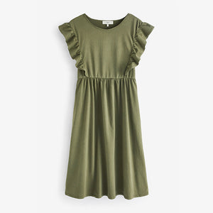 Khaki Green Frill Sleeve T-Shirt Dress