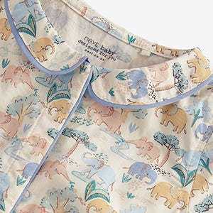 Blue Elephant Print Woven Collared Baby Pyjama Sleepsuit (0-18mths)