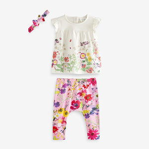 Bright Pink Floral Baby T-Shirt, Leggings And Headband Set (0-18mths)