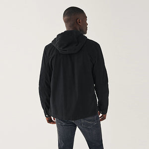 Black Cotton Shacket With Detachable Jersey Hood