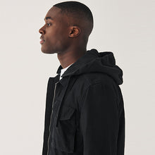 Load image into Gallery viewer, Black Cotton Shacket With Detachable Jersey Hood
