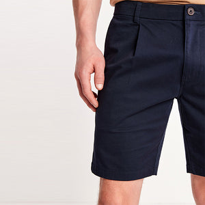 Navy Pleated Slim Fit Stretch Chino Shorts