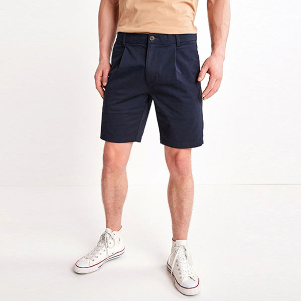 Navy Pleated Slim Fit Stretch Chino Shorts