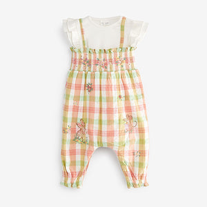 Green and Pink Check Gingham Baby Embroidered Dungaree And Bodysuit Set 2 Piece (0mths-18mths)