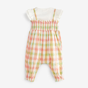Green and Pink Check Gingham Baby Embroidered Dungaree And Bodysuit Set 2 Piece (0mths-18mths)