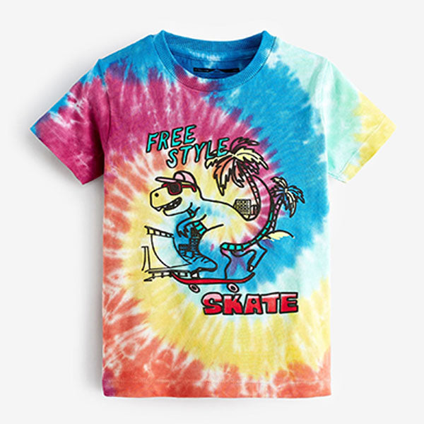Rainbow Dino Skate Tie Dye Short Sleeve T-Shirt (3mths-5yrs)