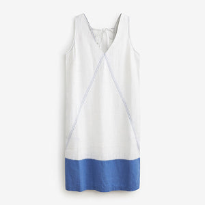 White/Blue Colourblock Linen Blend Summer Shift Dress