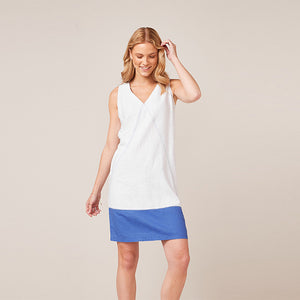 White/Blue Colourblock Linen Blend Summer Shift Dress