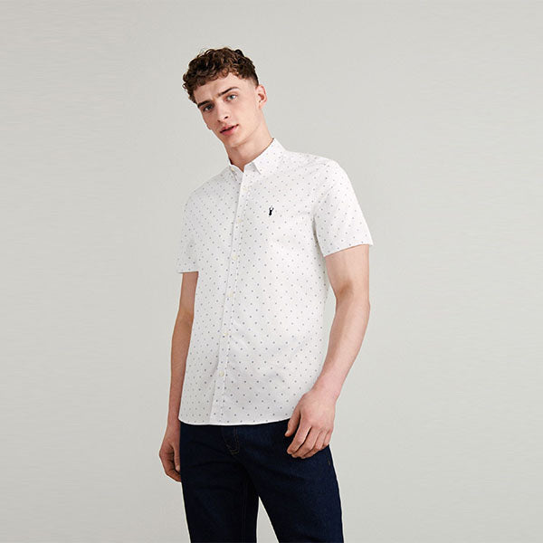 White Dot Print Slim Fit Short Sleeve Stretch Oxford Shirt