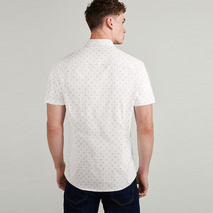 White Dot Print Slim Fit Short Sleeve Stretch Oxford Shirt
