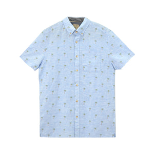 Linen Cream Light Blue Palm Printed Short Sleeve Shirt