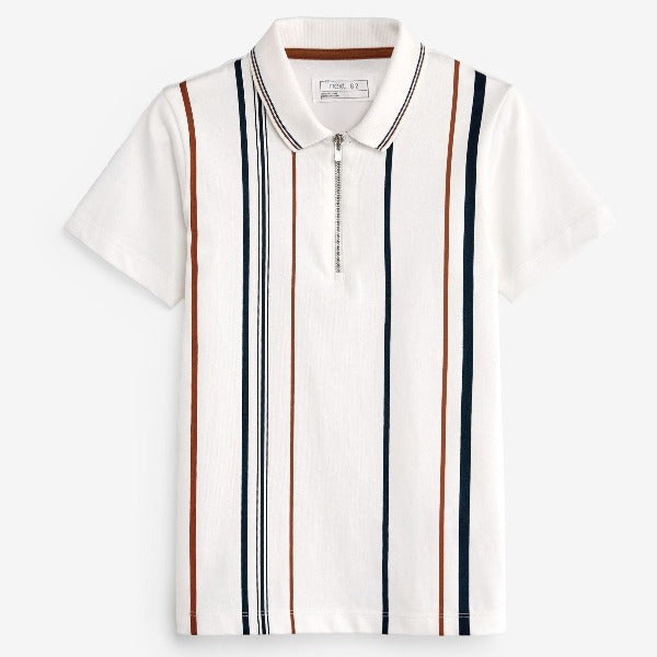White Stripe Short Sleeve Zip Neck Polo Shirt (3-12yrs)