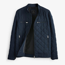 Load image into Gallery viewer, Navy Blue Shower Resistant Diamond Quilt Racer Neck Jacket
