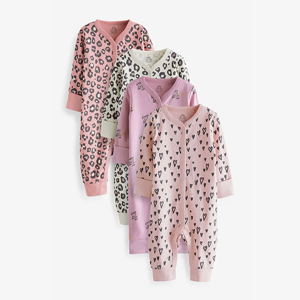 Pink Leopard Print 4 Pack Baby Footless Sleepsuits (0mth-18mths)