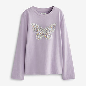 Lilac Purple Sequin Butterfly Long Sleeve Top (3-12yrs)