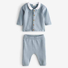 Load image into Gallery viewer, Blue Delicate Cable Fine Knit Baby Cardigan With Collar And Leggings Set (0mths-18mths)
