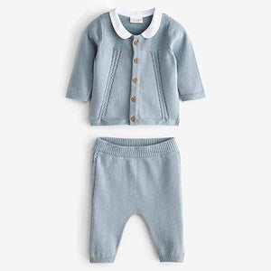 Blue Delicate Cable Fine Knit Baby Cardigan With Collar And Leggings Set (0mths-18mths)