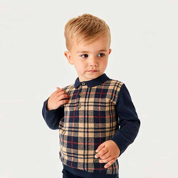 Navy Blue Check Long Sleeve Patterned Polo Shirt (3mths-5yrs)