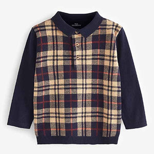 Navy Blue Check Long Sleeve Patterned Polo Shirt (3mths-5yrs)