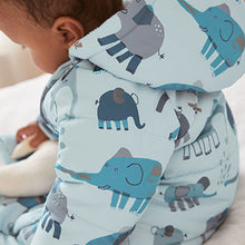 Load image into Gallery viewer, Blue Elephant Print Baby All-In-One Pramsuit (0mths-18mths)
