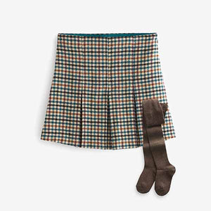 Teal Blue Check Skirt And Tights Set (3-12yrs)
