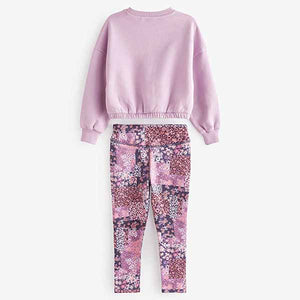 Lilac Purple/ Pink Pretty Floral Sweat Top And Sports Leggings Set (3-12yrs)