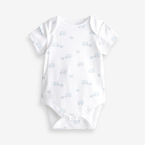 Blue/White Elephant 4 Pack Short Sleeve Baby Bodysuits (0mth-18mths)