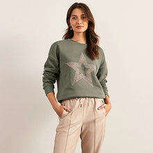 Load image into Gallery viewer, Khaki Green Stitch Star Graphic Sweatshirt
