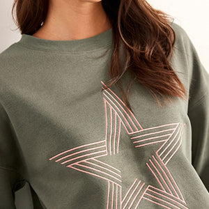 Khaki Green Stitch Star Graphic Sweatshirt