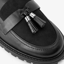 Load image into Gallery viewer, Black Patent Forever Comfort® Tassel Detail Cleated Chunky Loafer Shoes
