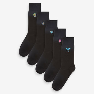 5 Pack Black Bright Animal Embroidered Socks