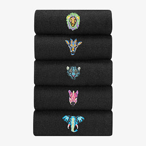 5 Pack Black Bright Animal Embroidered Socks