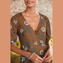 Load image into Gallery viewer, Tan Floral Crepe Wrap Dress - Allsport
