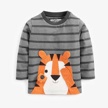 Load image into Gallery viewer, Grey Stripe Tiger Appliqué Long Sleeve T-Shirt (3mths-5yrs) - Allsport
