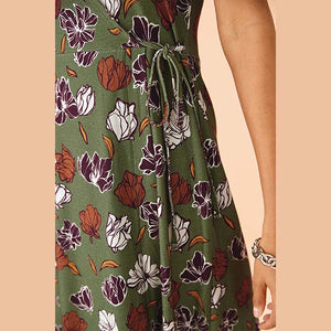 Khaki Floral Crepe Wrap Dress - Allsport