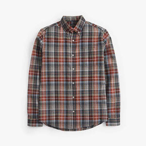 Grey/Brown Regular Fit Brushed Flannel Check Long Sleeve Shirt - Allsport