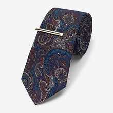 Load image into Gallery viewer, Navy Blue / Paisley Textured Tie With Tie Clip 2 Pack
