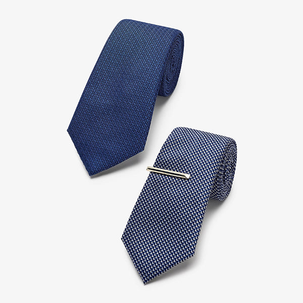 Blue Textured Tie With Tie Clip 2 Pack