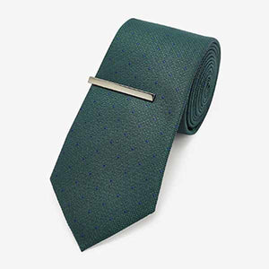 Green / Navy Blue Spot Textured Tie With Tie Clip 2 Pack