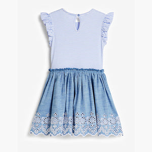 Blue Stripe Broderie Dress (7-10yrs) - Allsport