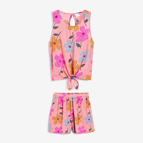 Pink Floral Tie Front Blouse And Shorts Co-ord Set (3-12yrs) - Allsport