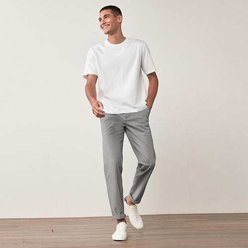 Light Grey Straight Fit Stretch Chino Trousers - Allsport