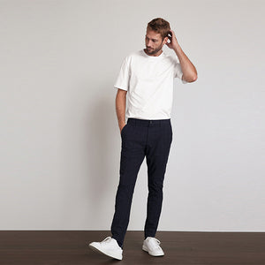 Navy Blue Grid Check Slim Fit Cotton Chino Trousers
